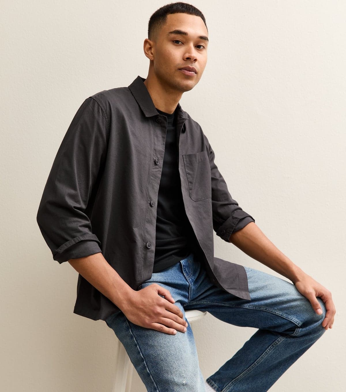 New Look New Look Dark Grey Regular Fit Woven Cotton Shirt