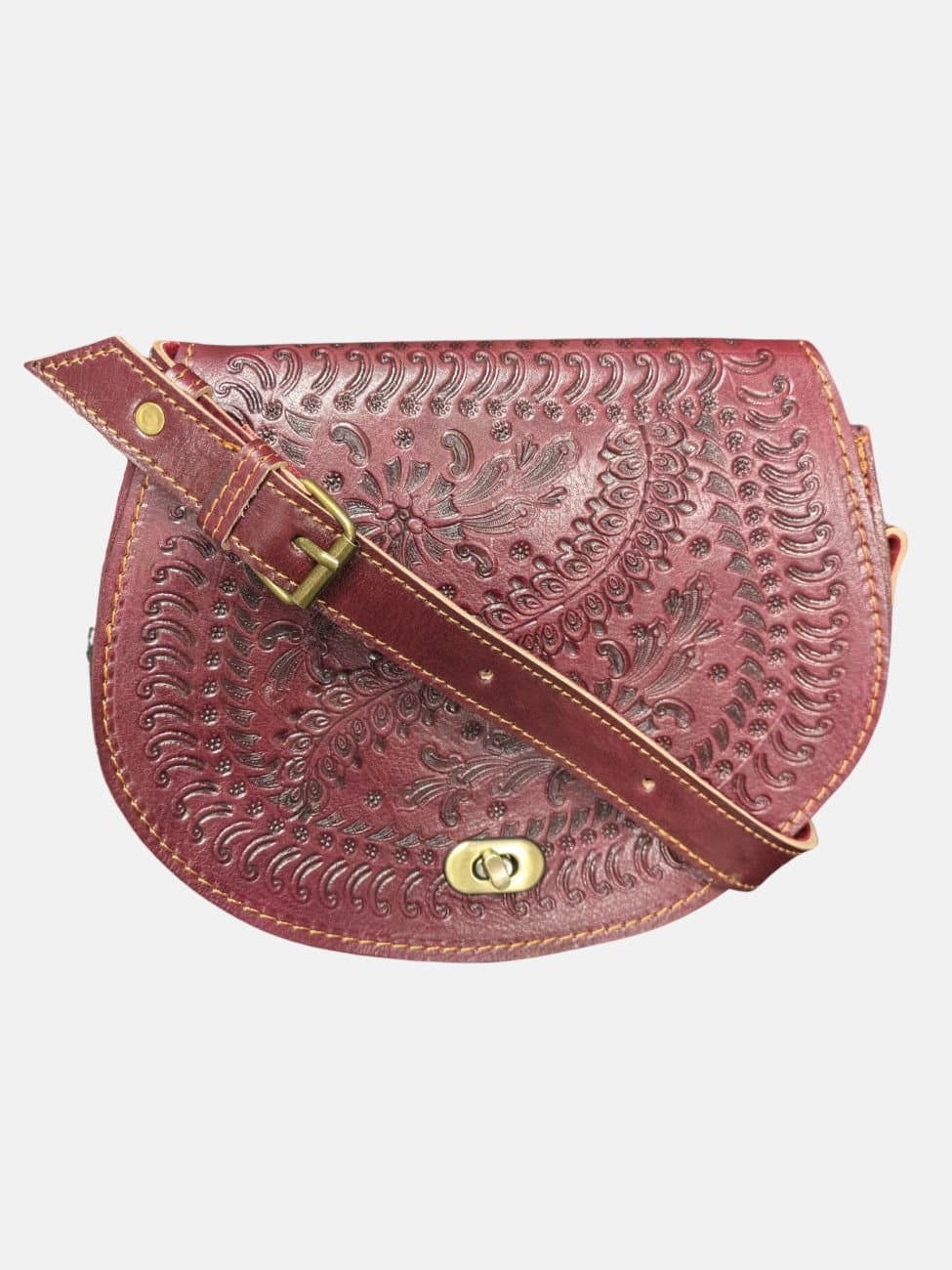 Berber Leather Berber Leather Dark Red Embossed Leather Saddle Bag