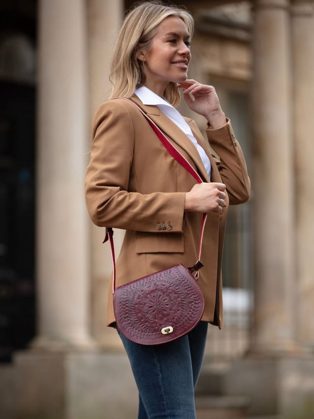 Berber Leather Berber Leather Women's 'The Temara' Embossed Leather Saddle Bag in Dark Red - 2