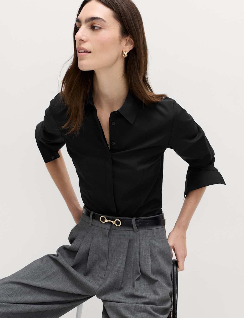 Marks & Spencer M&S Cotton Rich Collared Fitted Shirt Black