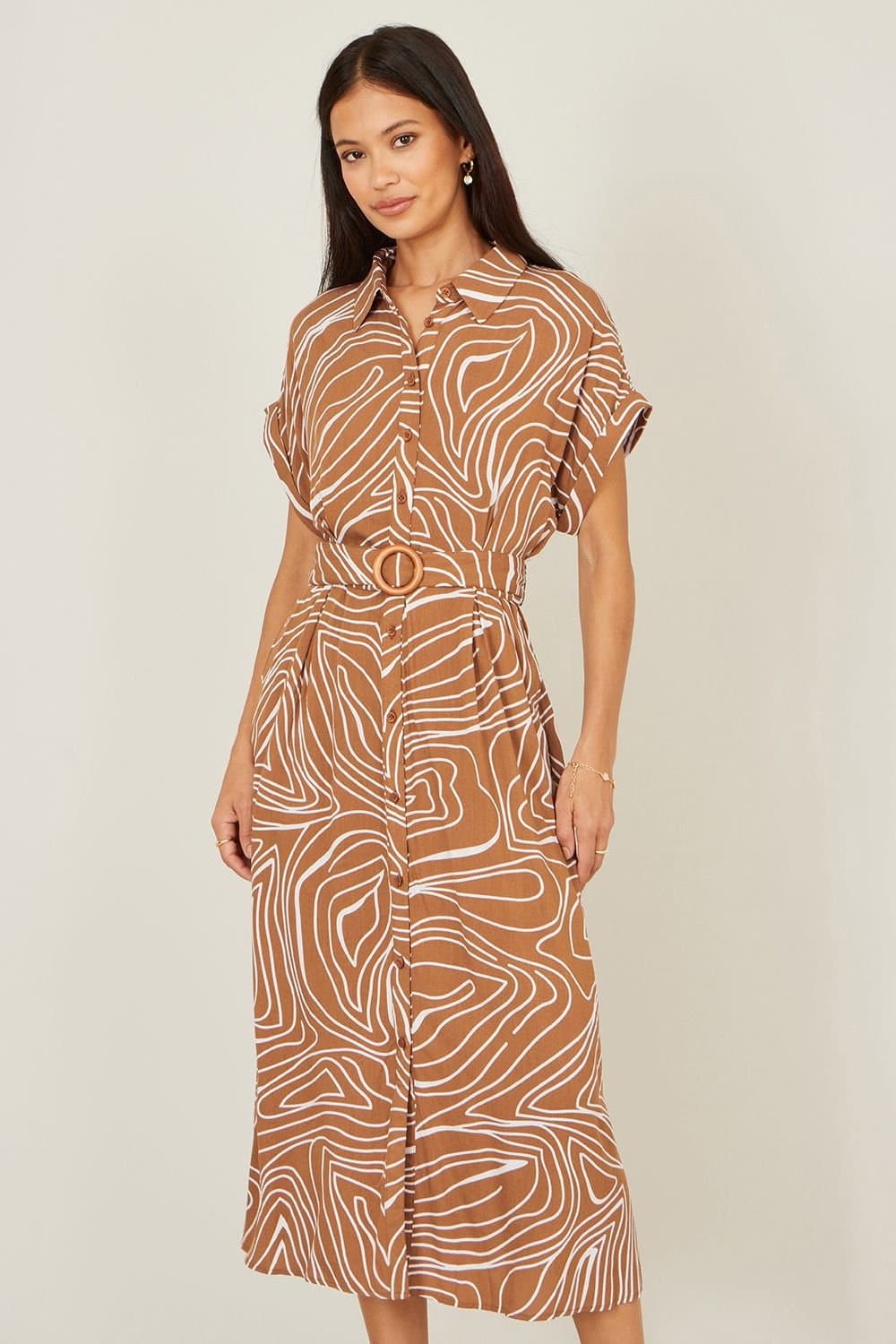 Yumi Yumi Women's Brown Abstract Swirl Print Relaxed Midi Shirt Dress With Belt