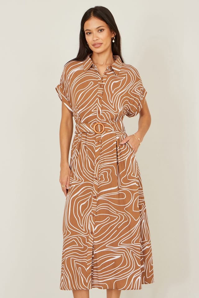 Yumi Yumi Women's Brown Abstract Swirl Print Relaxed Midi Shirt Dress With Belt - 2