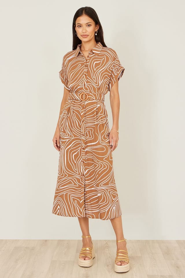 Yumi Yumi Women's Brown Abstract Swirl Print Relaxed Midi Shirt Dress With Belt - 3