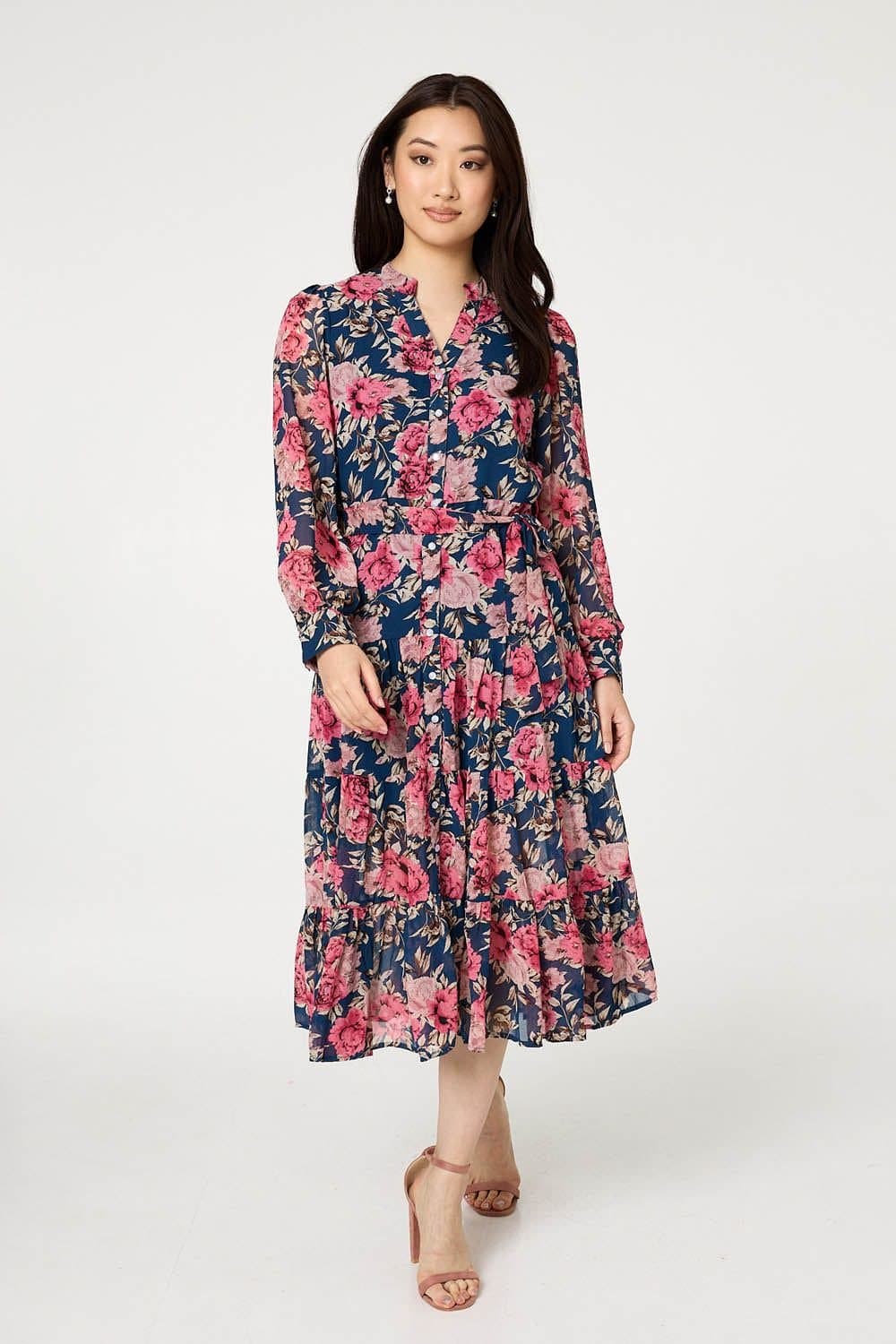 Izabel London Izabel London Women's Floral Tie Waist Relaxed Tier Midi Dress in Navy