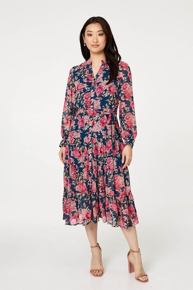 Izabel London Izabel London Women's Floral Tie Waist Relaxed Tier Midi Dress in Navy - 2