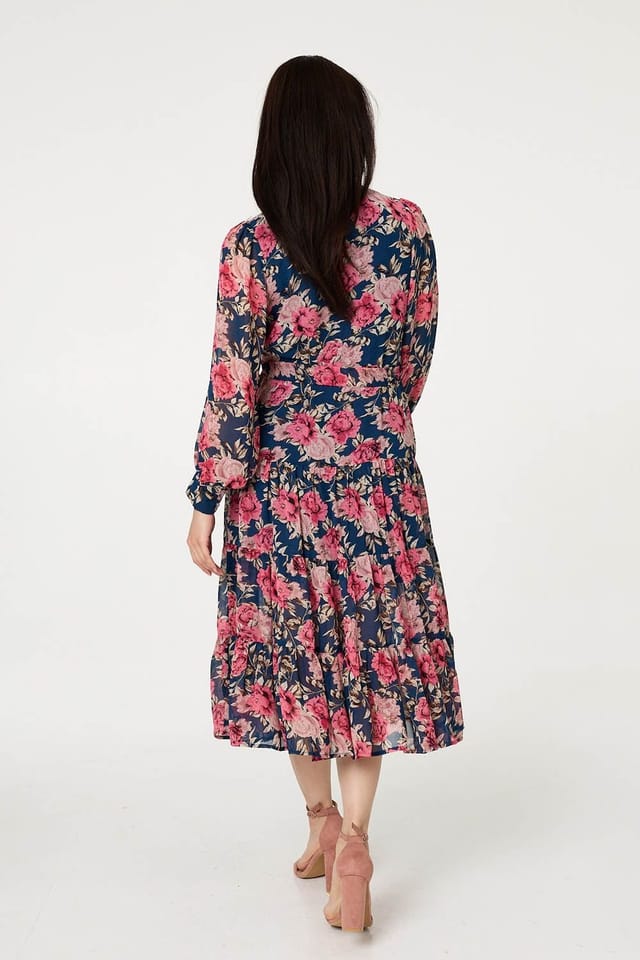 Izabel London Izabel London Women's Floral Tie Waist Relaxed Tier Midi Dress in Navy - 3