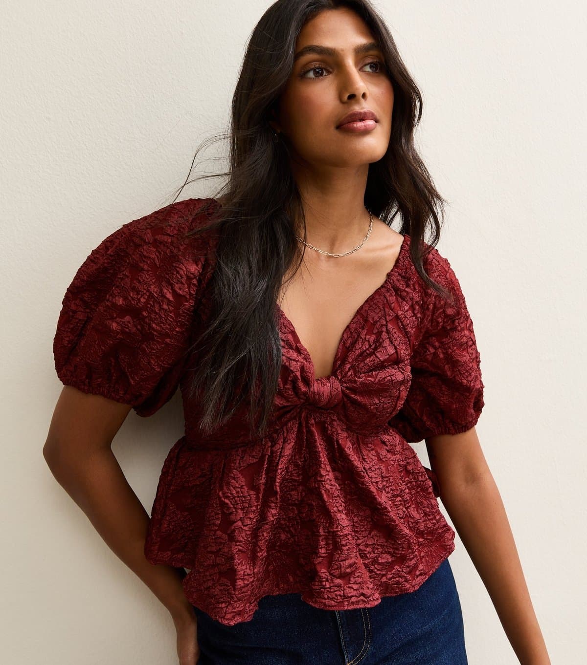New Look New Look Dark Burgundy Puff Sleeve Bow Top