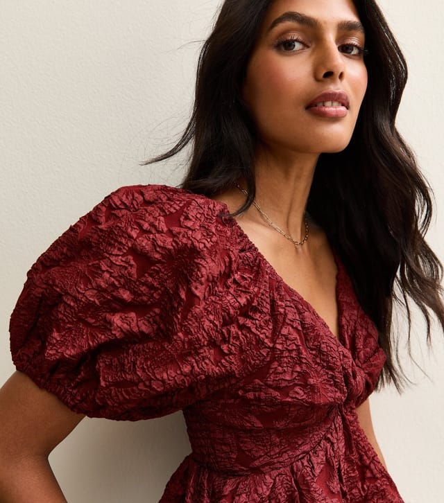 New Look Women's Dark Burgundy Puff Sleeve Bow Top New Look - 2