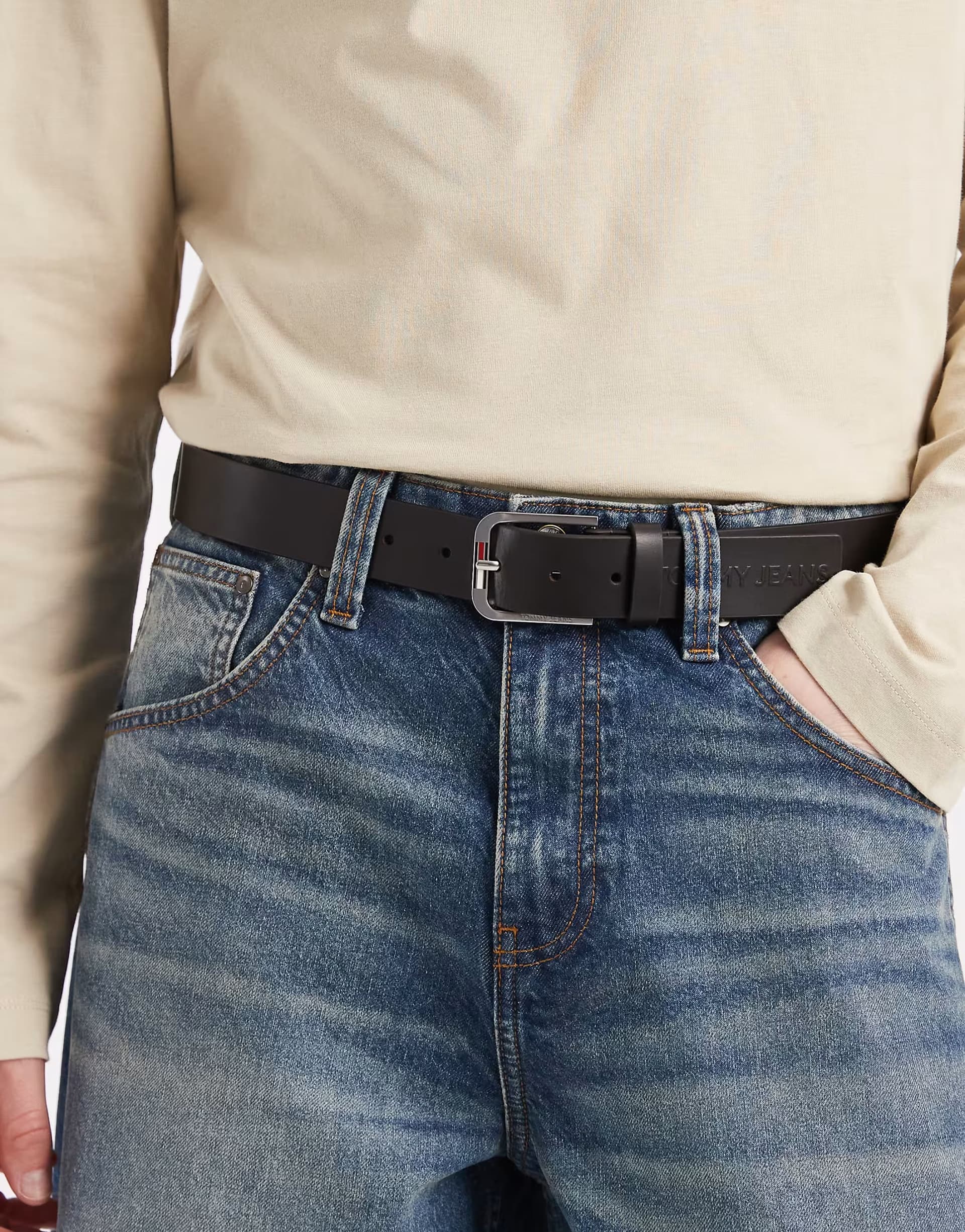 ASOS Tommy Jeans Austin leather belt with logo buckle in dark brown