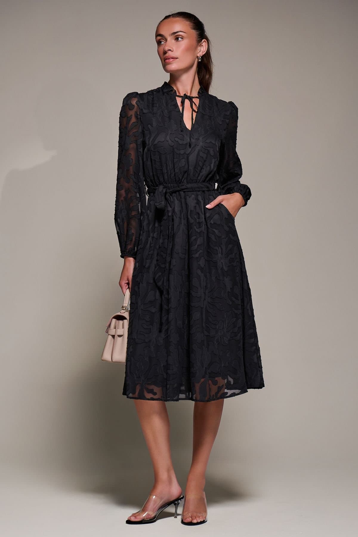 Jolie Moi Jolie Moi Women's Tie Neck Chiffon Midi Dress in Black