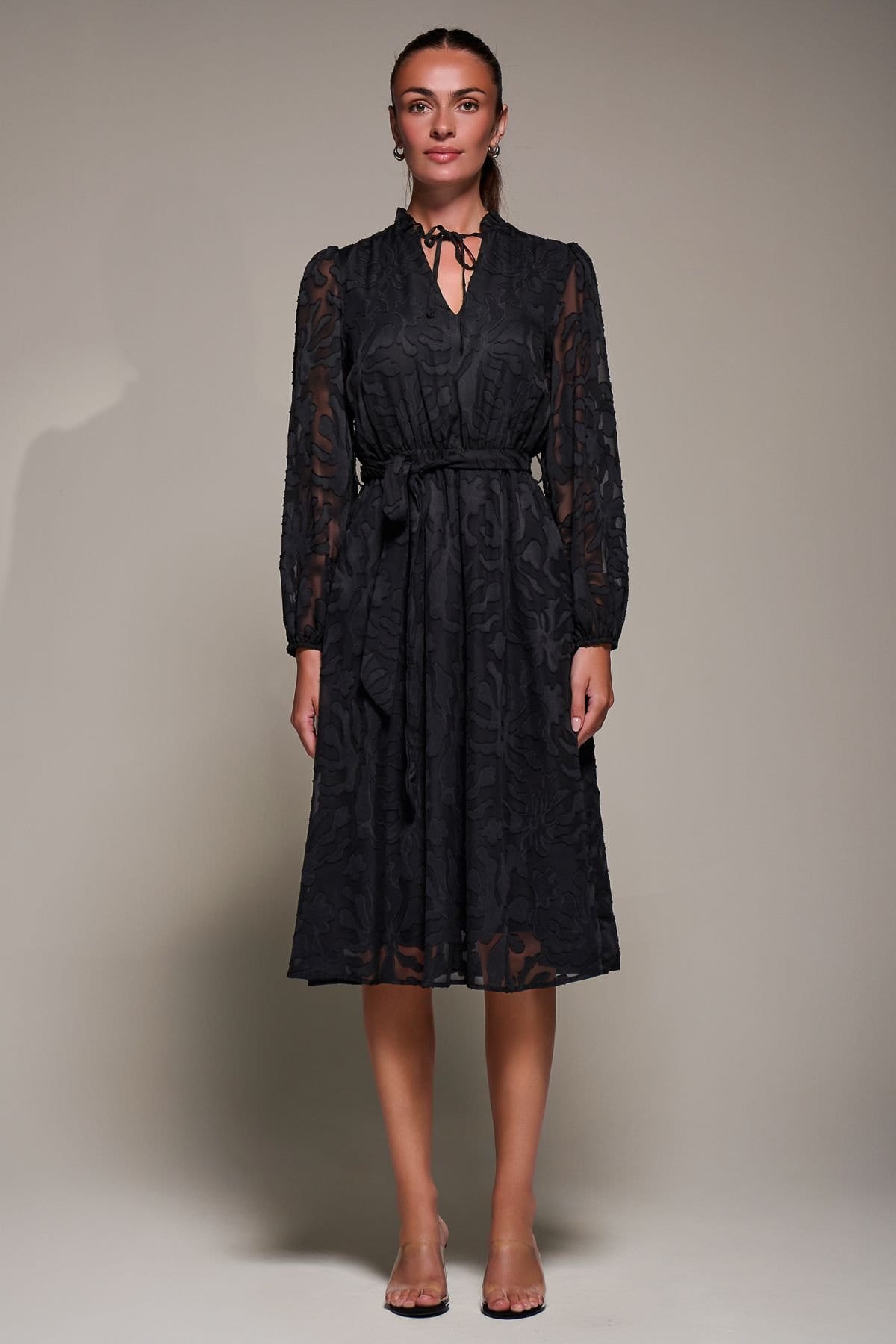 Jolie Moi Jolie Moi Women's Tie Neck Chiffon Midi Dress in Black - 4