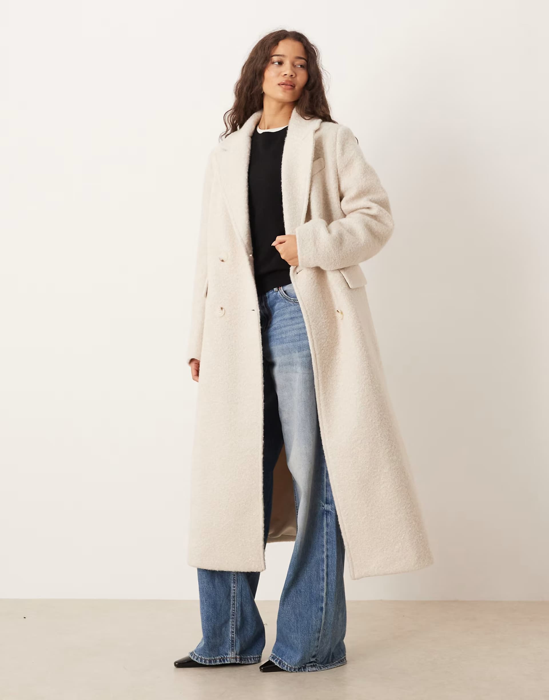 ASOS Gina Tricot long boucle midi coat in cream