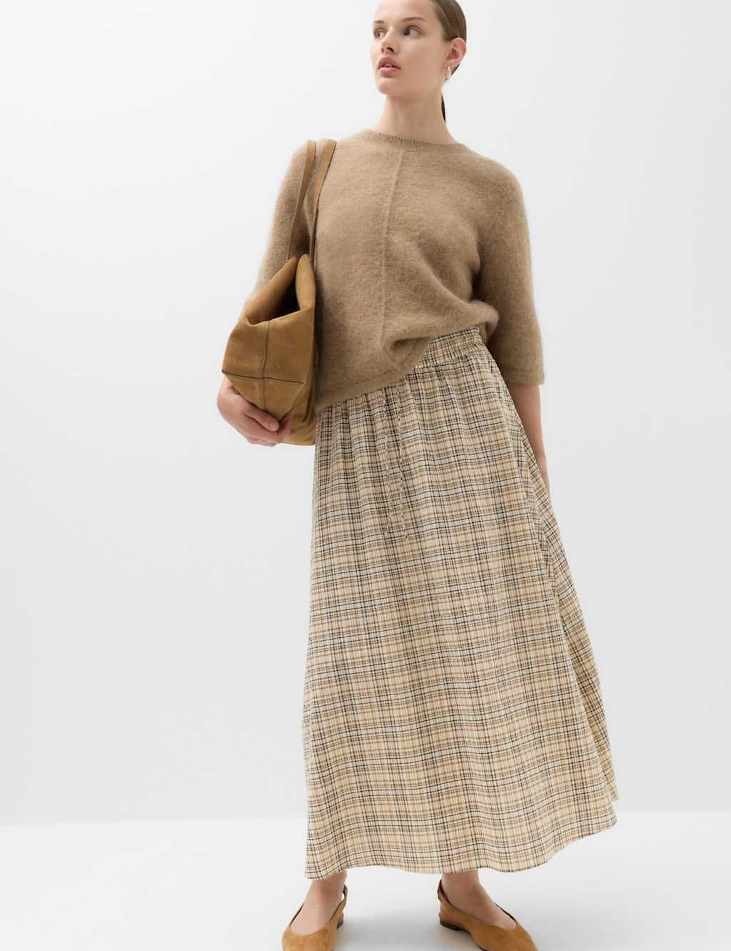 Marks & Spencer M&S Cotton Rich Checked Midi A-Line Skirt Beige Mix