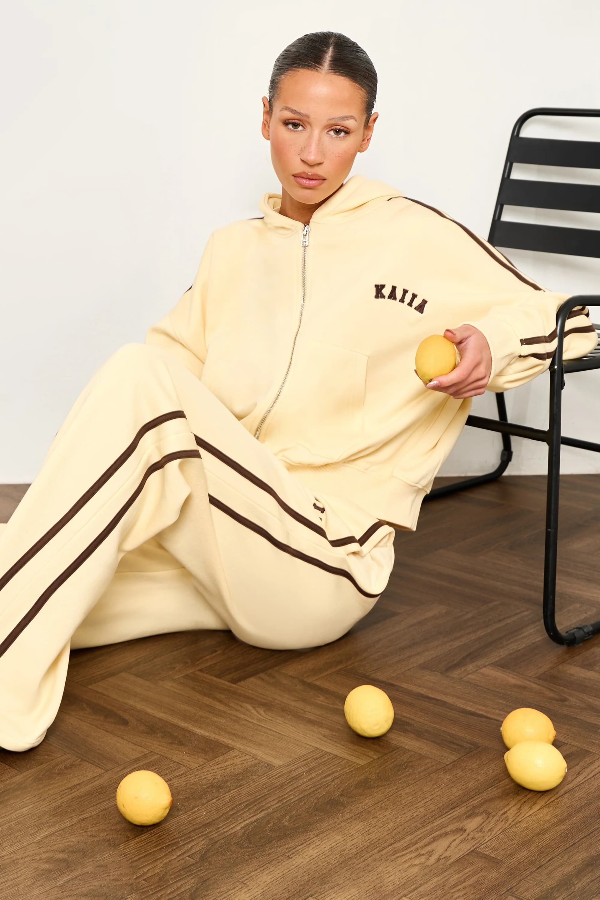 Kaiia Kaiia Butter Yellow & Brown Side Stripe Hoodie