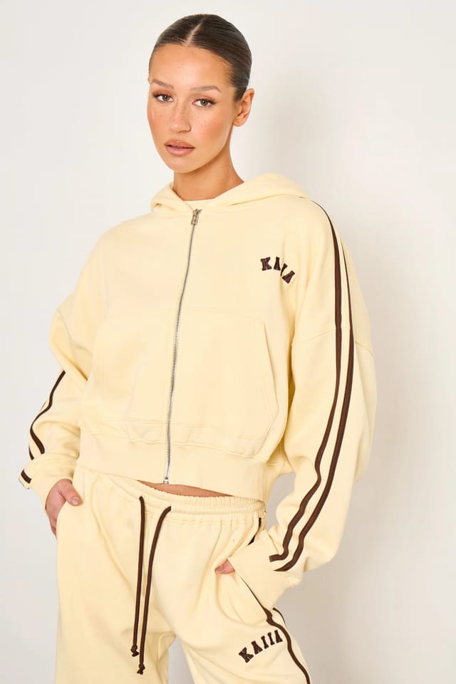 Kaiia Kaiia Sport Side Stripe Oversized Zip Through Hoodie Butter Yellow & Brown - 2