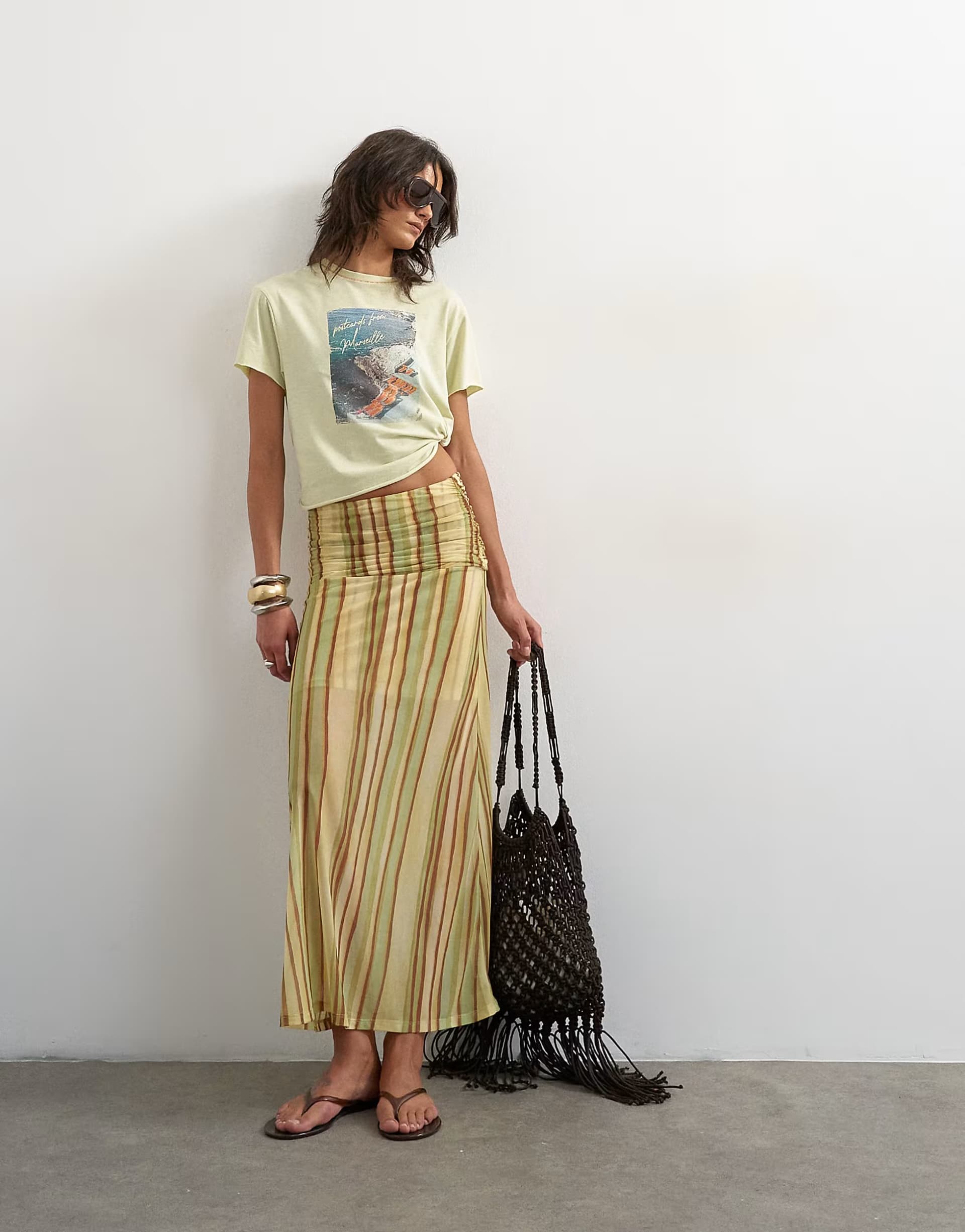 ASOS Topshop ruched stripe skirt in green