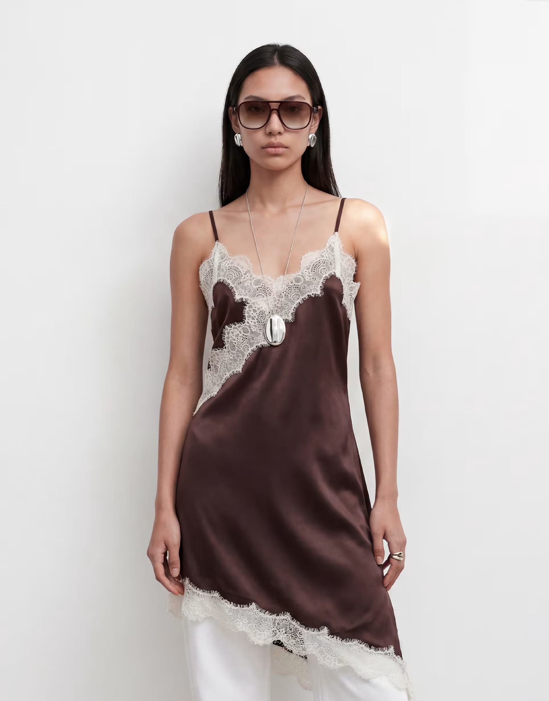ASOS Chocolate Satin Asym Lace Hem Slip Dress