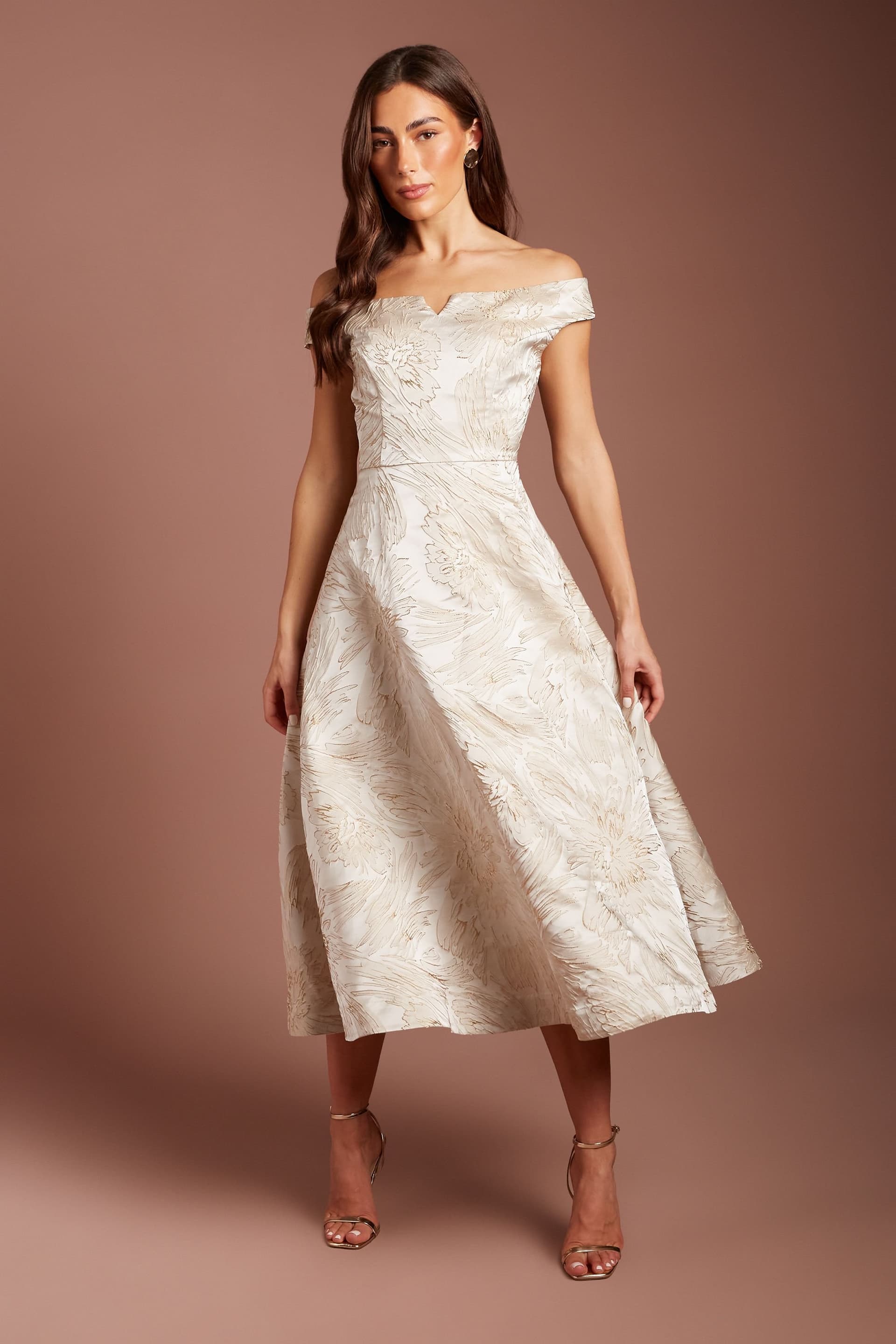 Coast Coast Women's Bardot Floral Jacquard Midi Dress in Champagne