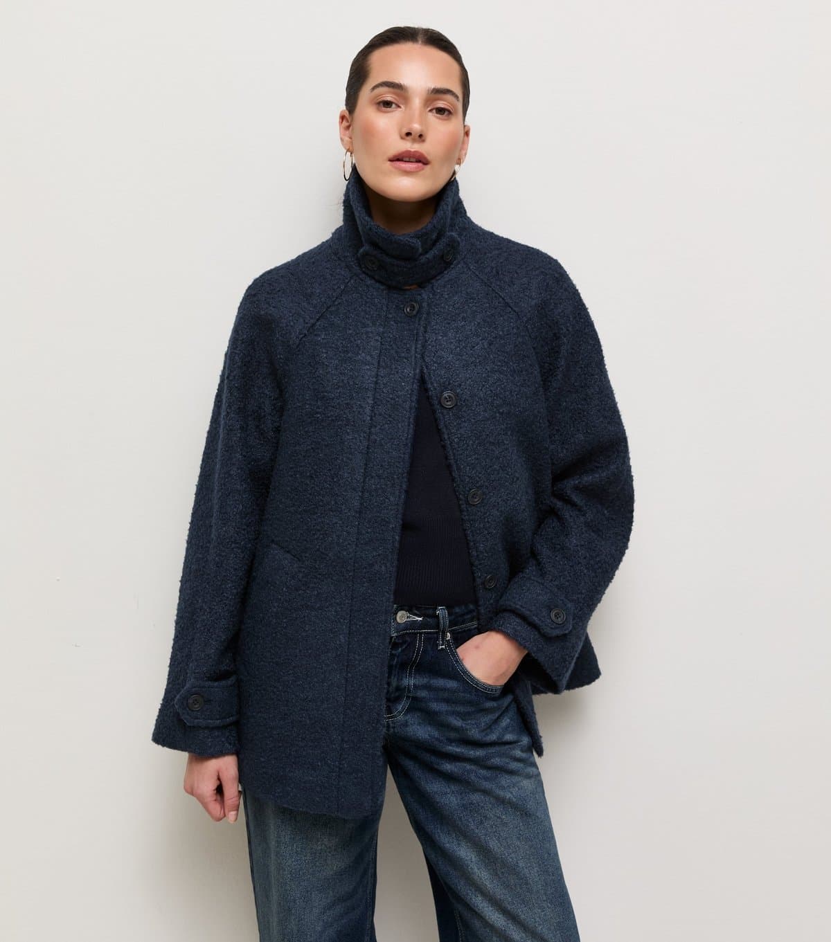 New Look Women's Navy Felt Raglan Sleeve Funnel Neck Coat New Look