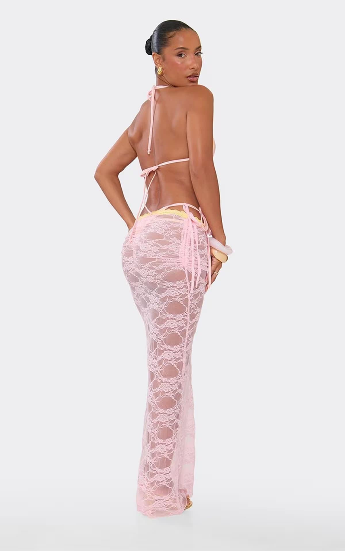 EGO Low Waist Contrast Trim Ruched Beach Maxi Skirt In Pink Lace, Women's Size UK 6