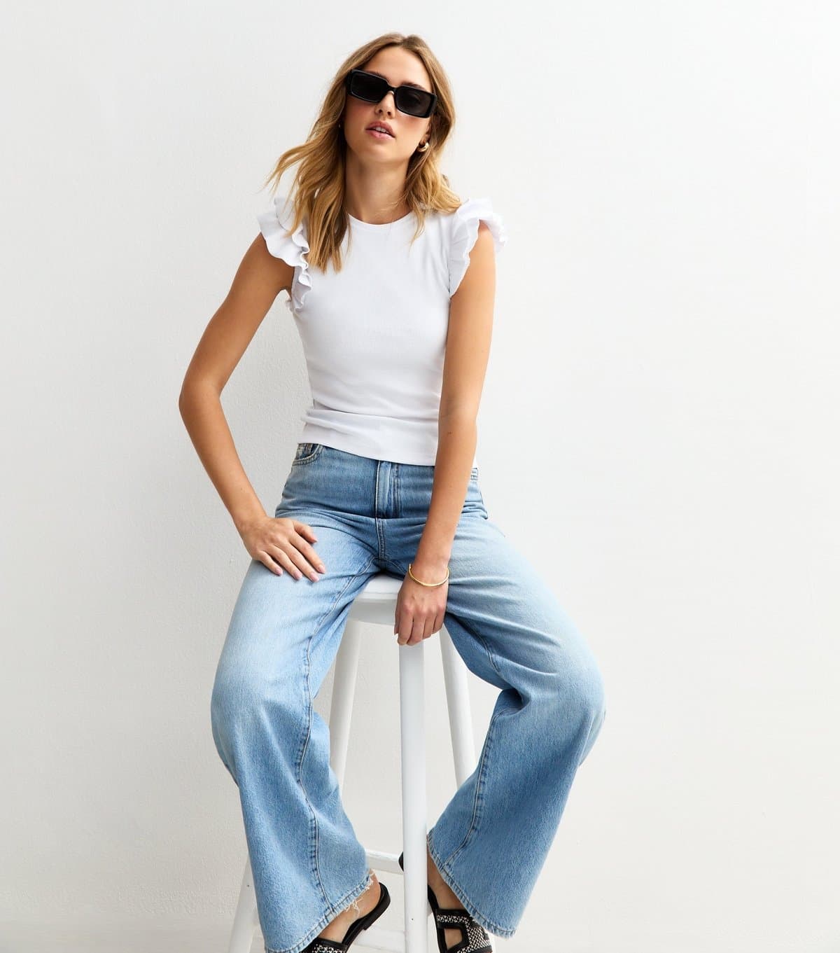 New Look Women's White Frill Trim Ribbed Vest New Look