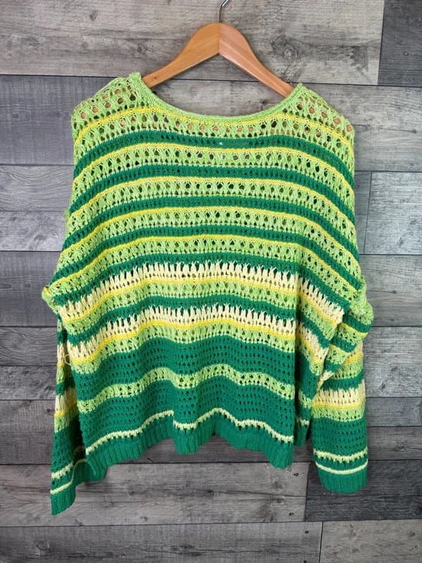 Free People Free People Madelyn Pullover Jumper Size Large Green Striped Crochet Knit Boho
