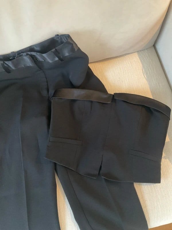 ASOS Design Black Satin Trim Co-ord Tuxedo Style Top and Trousers Size 10