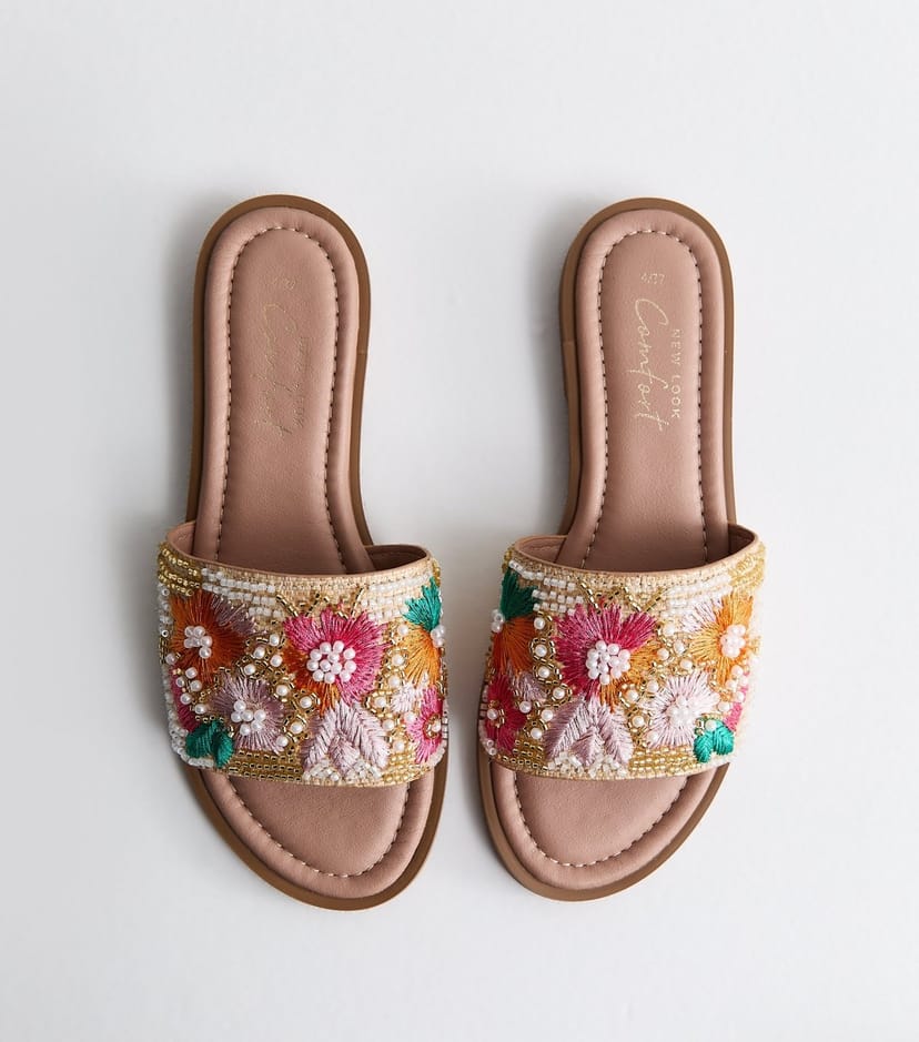 New Look Women's Multicolour Faux Leather Floral Embellished Strap Sandals Vegan New Look - 1