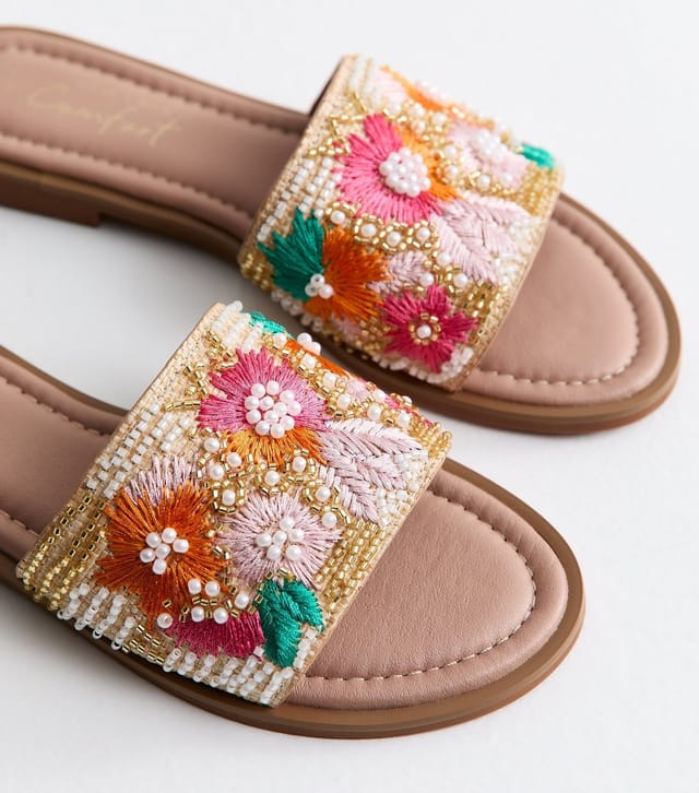 New Look Women's Multicolour Faux Leather Floral Embellished Strap Sandals Vegan New Look - 3