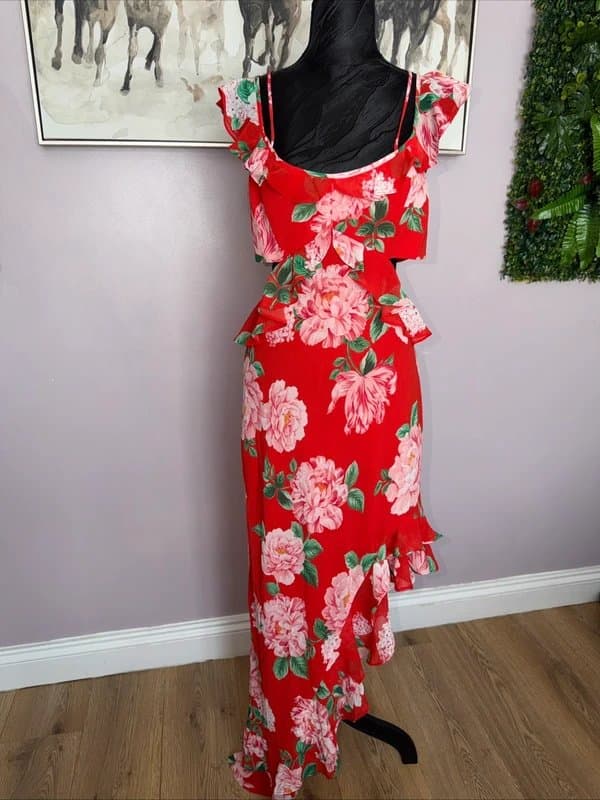 Forever New Forever New Split Maxi Dress In Red Floral Size 12 RRP £115