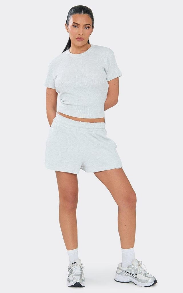 EGO Mid Rise Sweat Shorts In Light Grey Marl Waffle, Women's Size UK 6 - 2