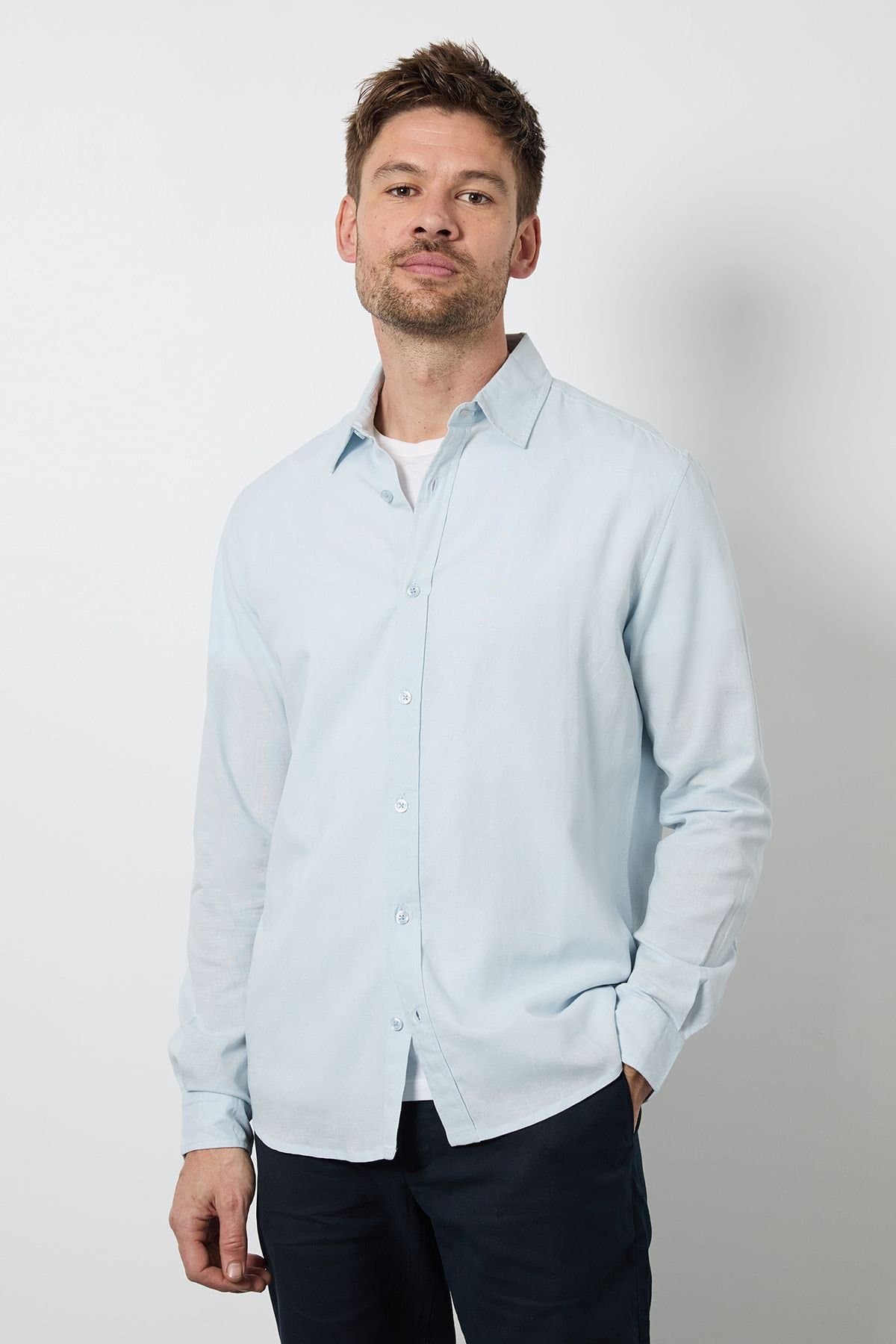 Burton Burton Men's Light Blue Long Sleeve Linen Shirt