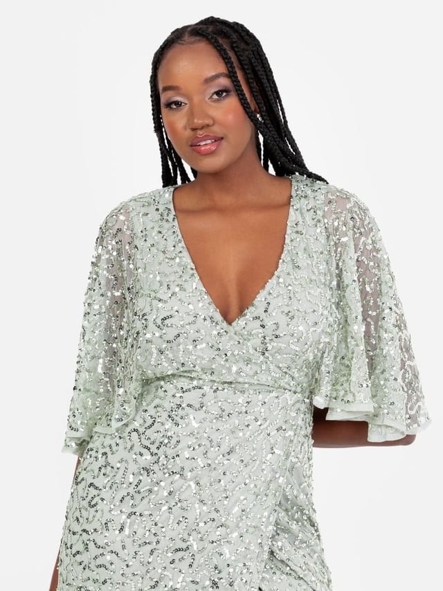 Maya Deluxe Maya Deluxe Women's Fully Embellished Faux Wrap Maxi Dress in Mint - 2