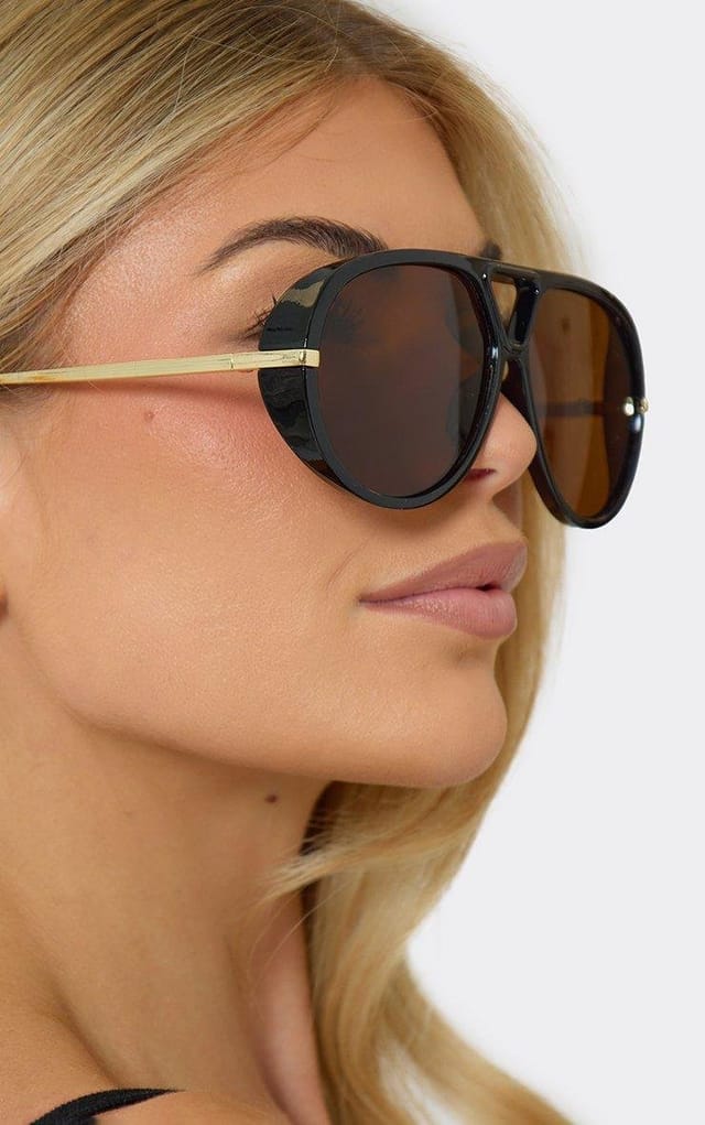 EGO Oversized Gold Frame Brown Tinted Lense Sunglasses In Black, Women's Size UK 0 - 2