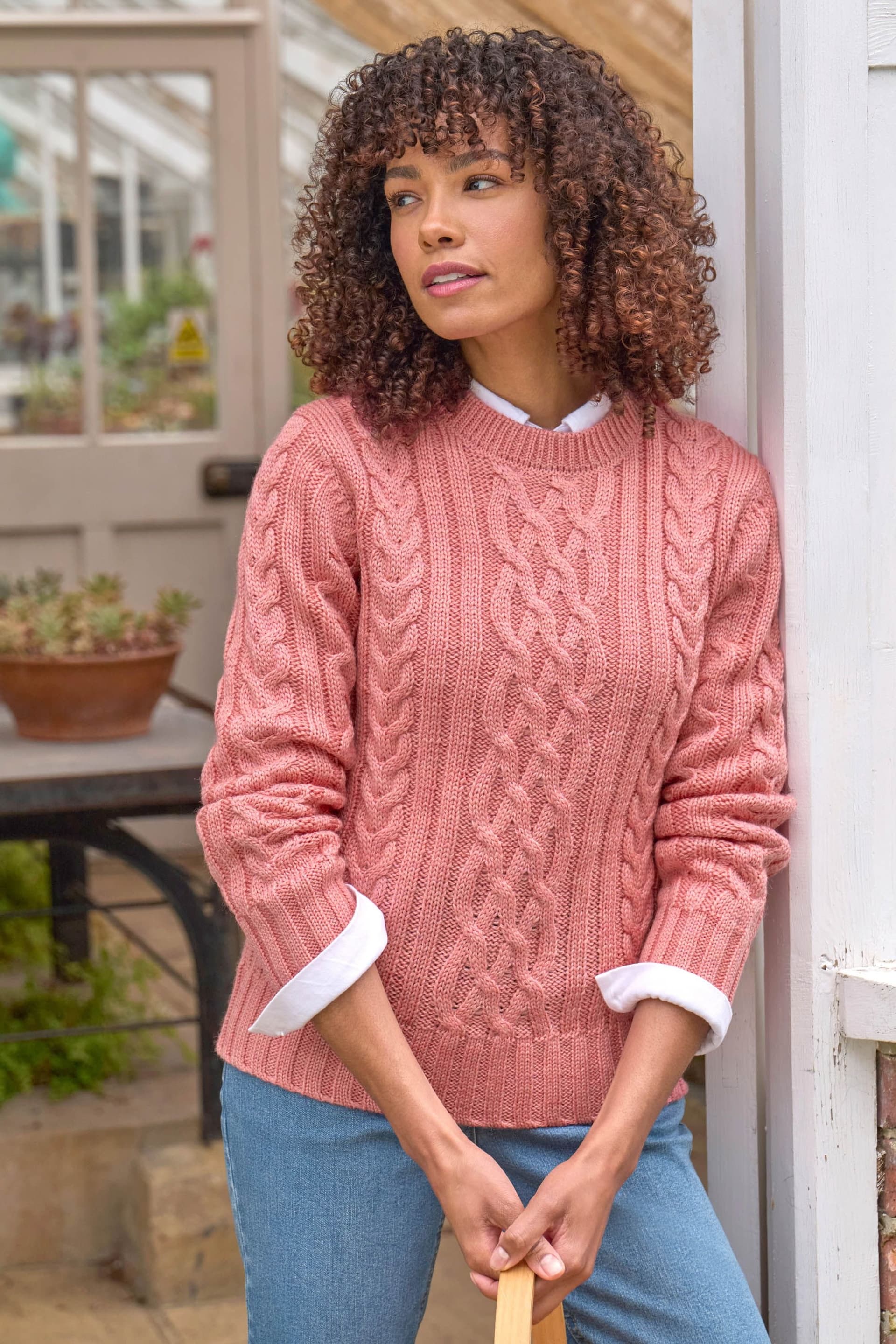 WoolOvers WoolOvers Women's Pure Wool Aran Crew Neck Jumper in Coral