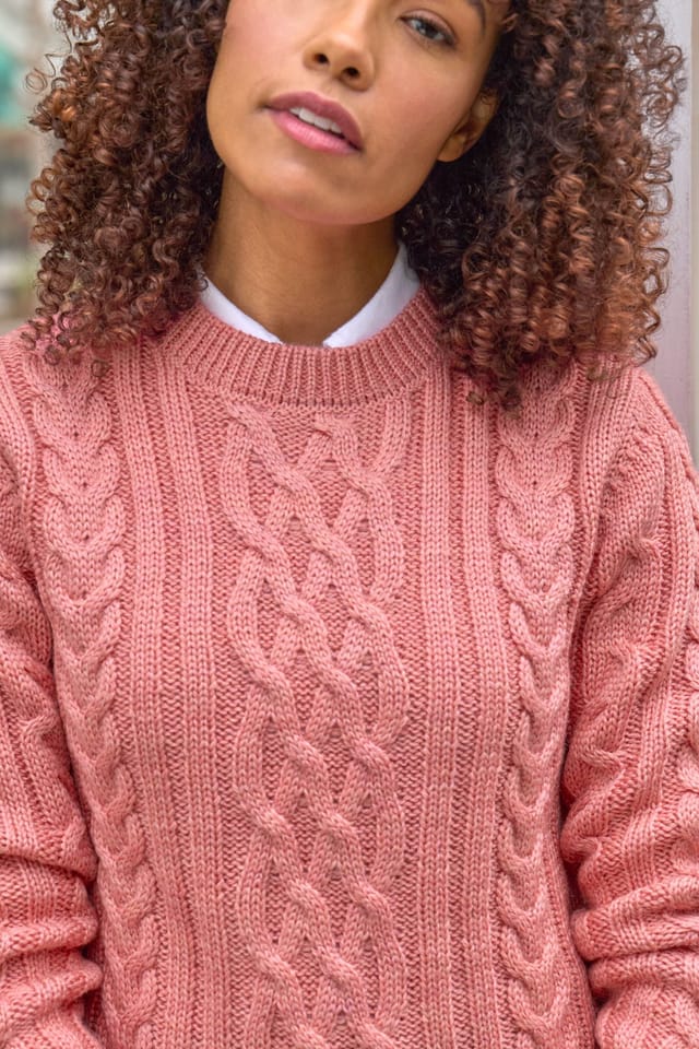 WoolOvers WoolOvers Women's Pure Wool Aran Crew Neck Jumper in Coral - 2