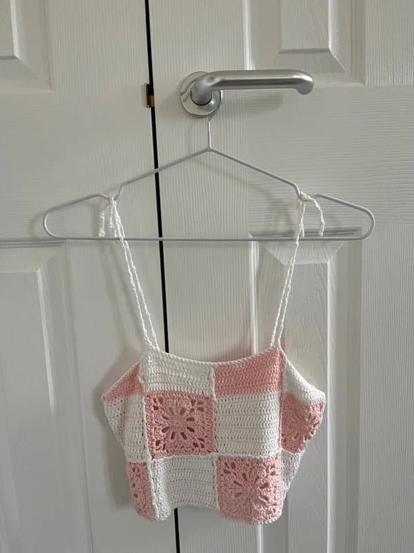 ASOS ASOS Design Patchwork Crochet Crop Tie Strap Top in White and Pink UK Size S