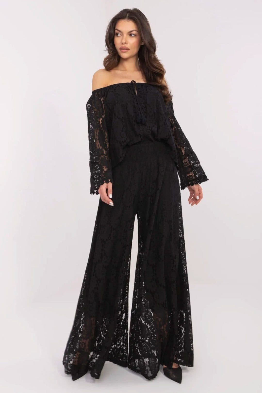 Love Lace Black Lace Palazzo Pants with Off-Shoulder Top