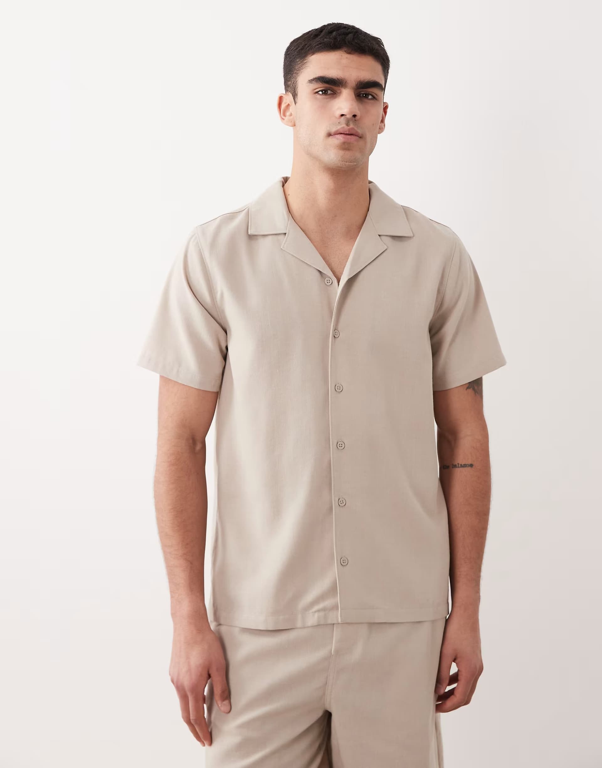 ASOS New Look co-ord linen look revere shirt in stone