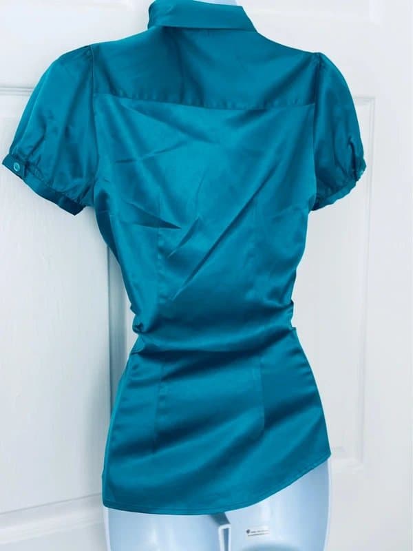 Hawes & Curtis Beautiful Boutique By Hawes & Curtis Teal Satin Pussy Bow Short Sleeve Blouse Size 6