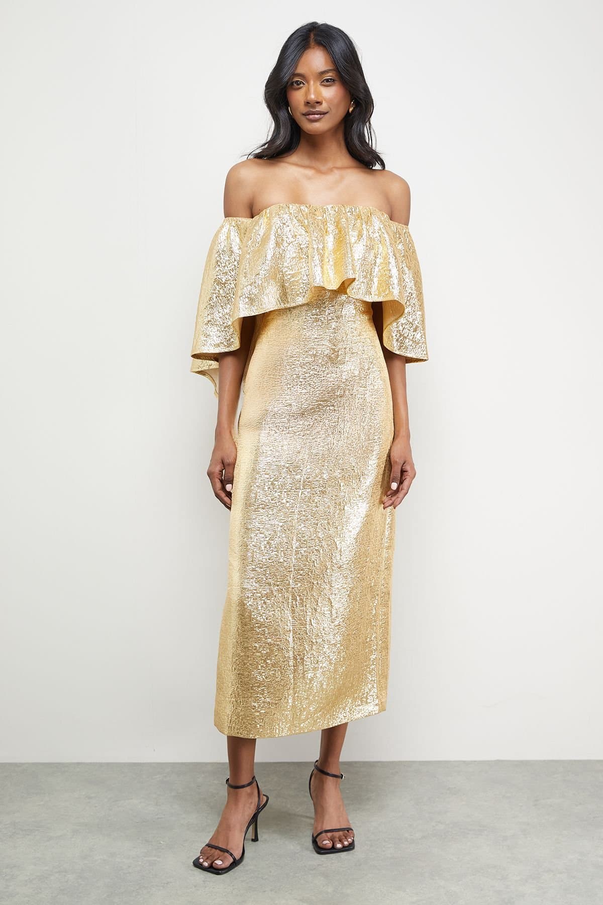 Warehouse Warehouse Women's Metallic Jacquard Volume Bardot Midi Dress in Gold