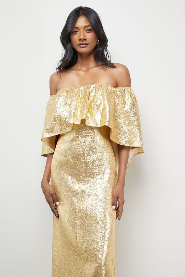 Warehouse Warehouse Women's Metallic Jacquard Volume Bardot Midi Dress in Gold - 2