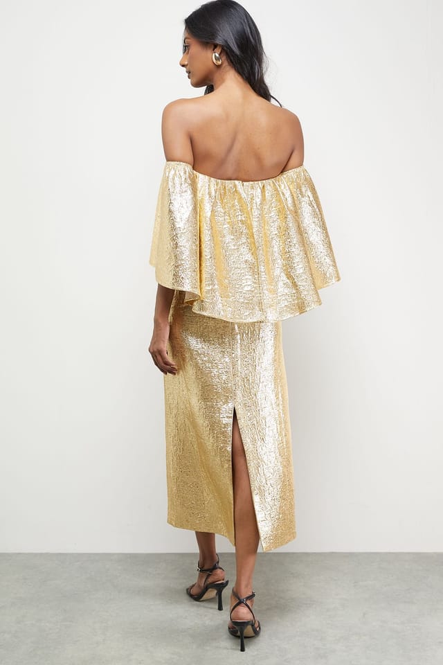 Warehouse Warehouse Women's Metallic Jacquard Volume Bardot Midi Dress in Gold - 3