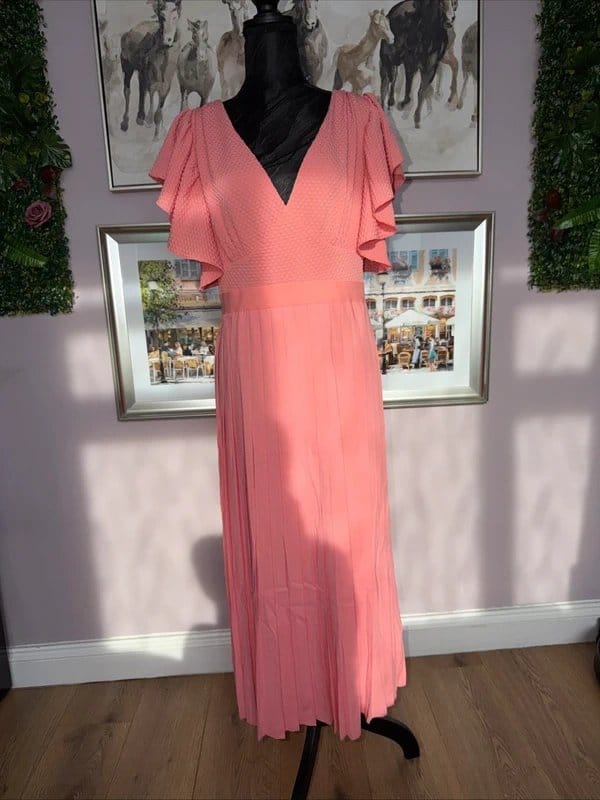 Little Mistress Little Mistress Lace Detail Midaxi Flutter Sleeve Dress in Coral size 8 - 1