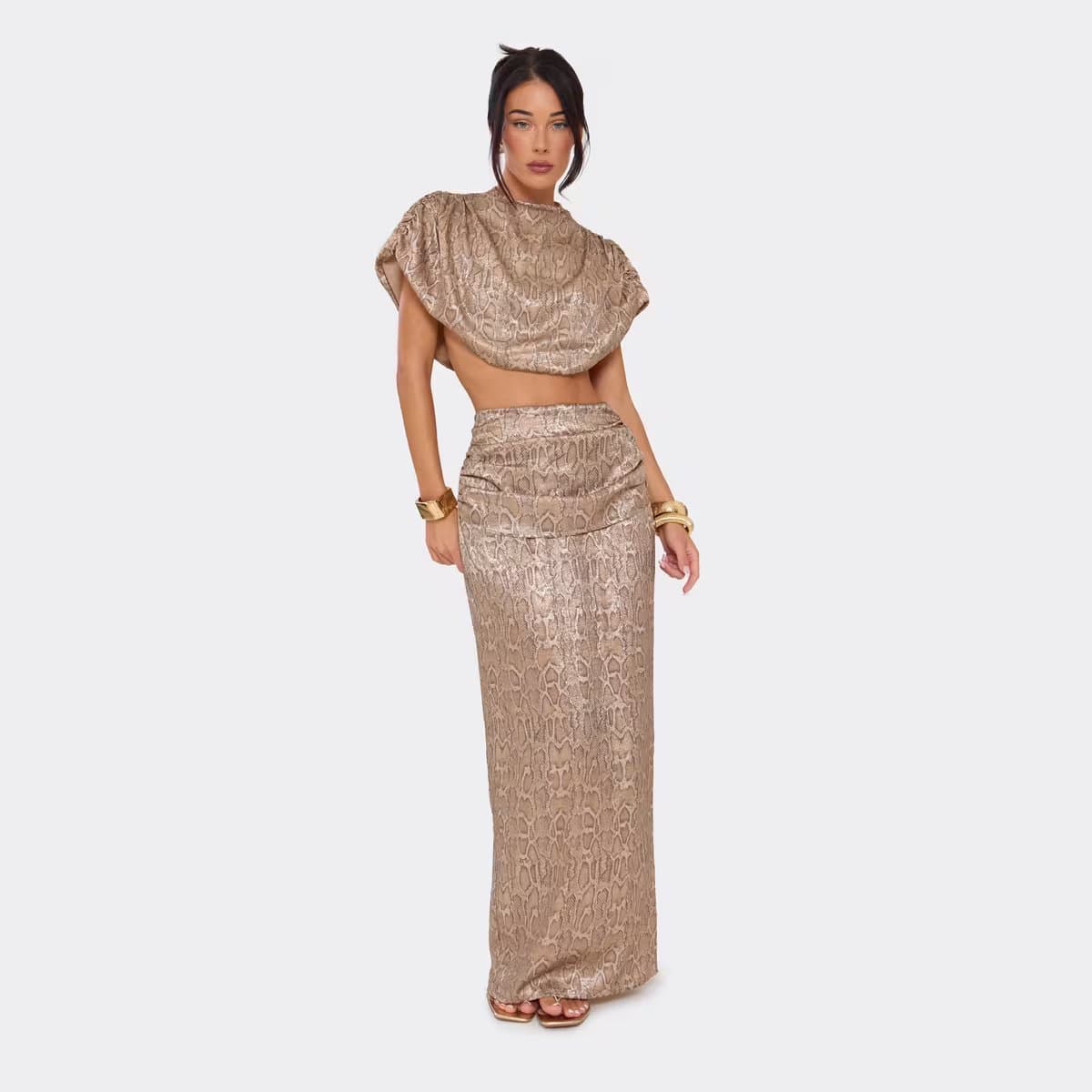 EGO Ruched Detail Maxi Skirt In Gold Snake Print, Women's Size UK 6