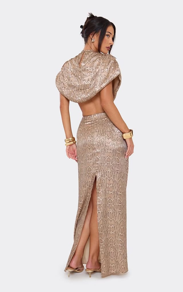 EGO Ruched Detail Maxi Skirt In Gold Snake Print, Women's Size UK 6 - 2