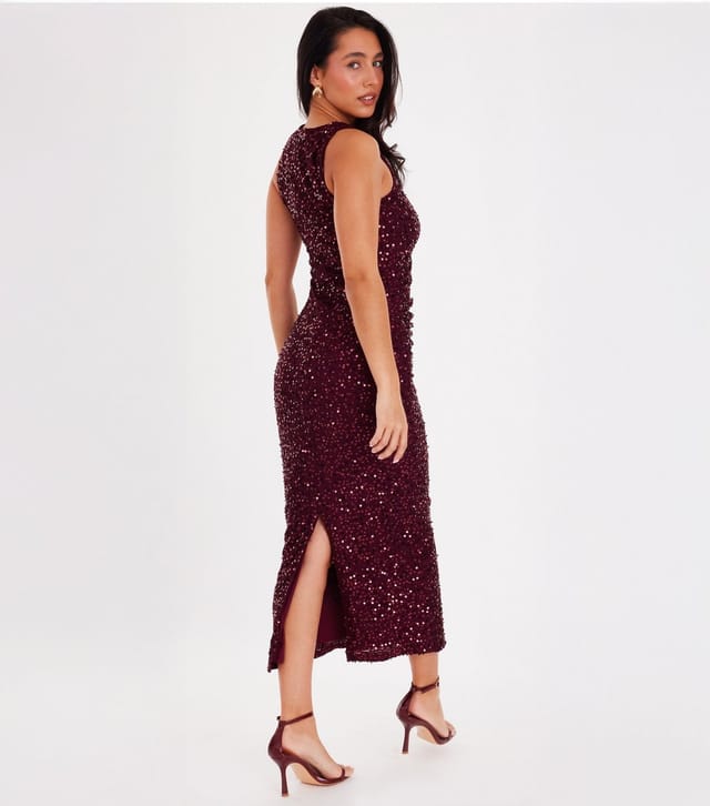 Quiz Women's Dark Red Sequin Ruched Midaxi Dress Quiz New Look - 3