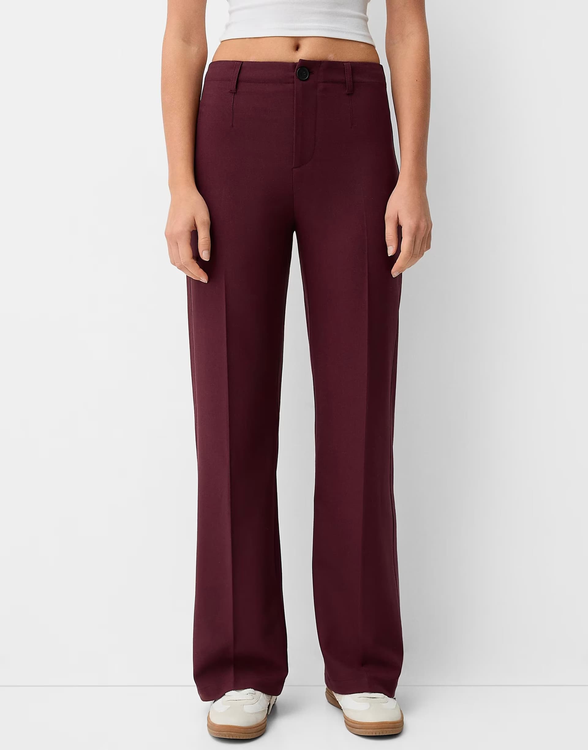 ASOS Bershka wide leg tailoring trousers in burgundy