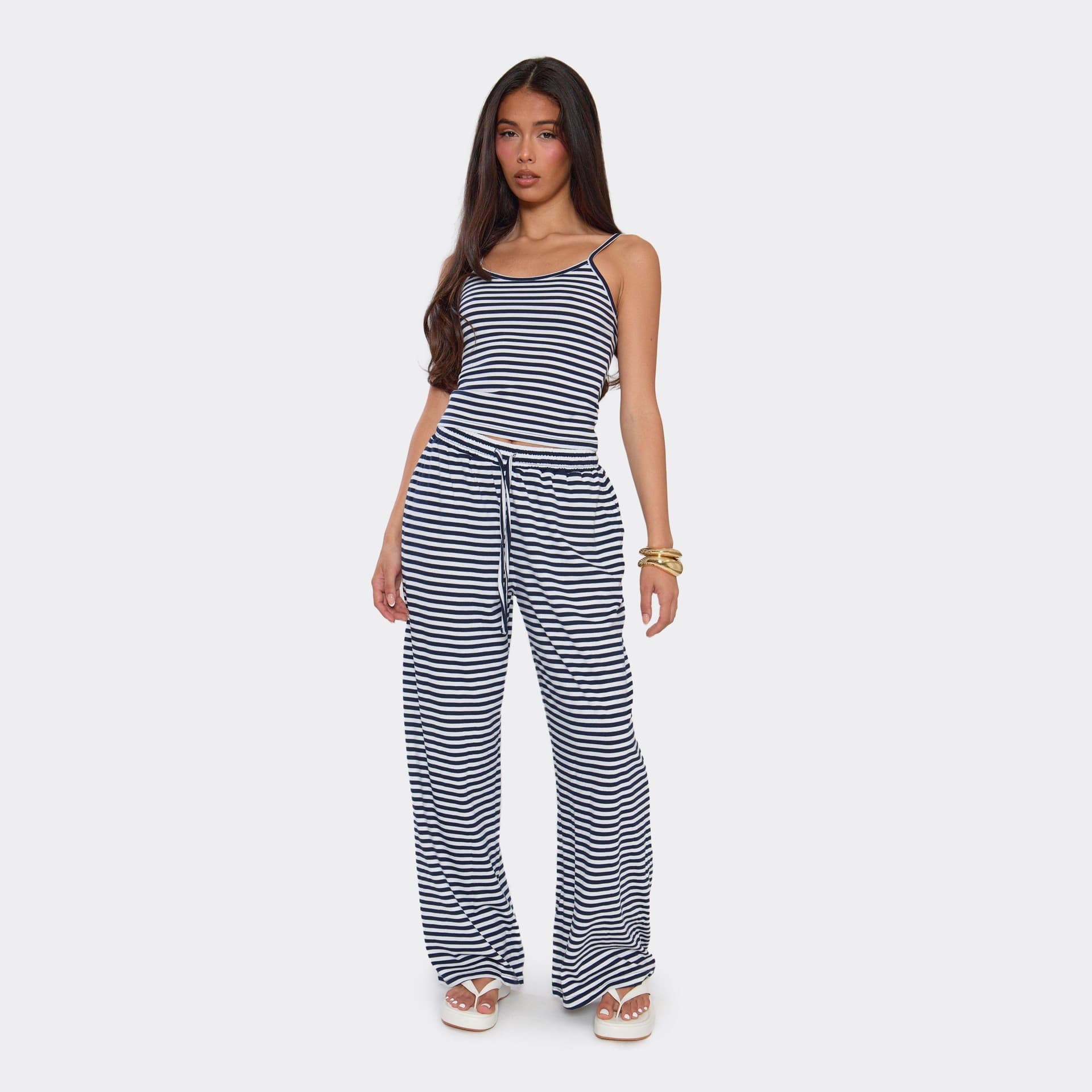 EGO Drawstring Straight Leg Jogger In Multi Stripe, Women's Size UK 6
