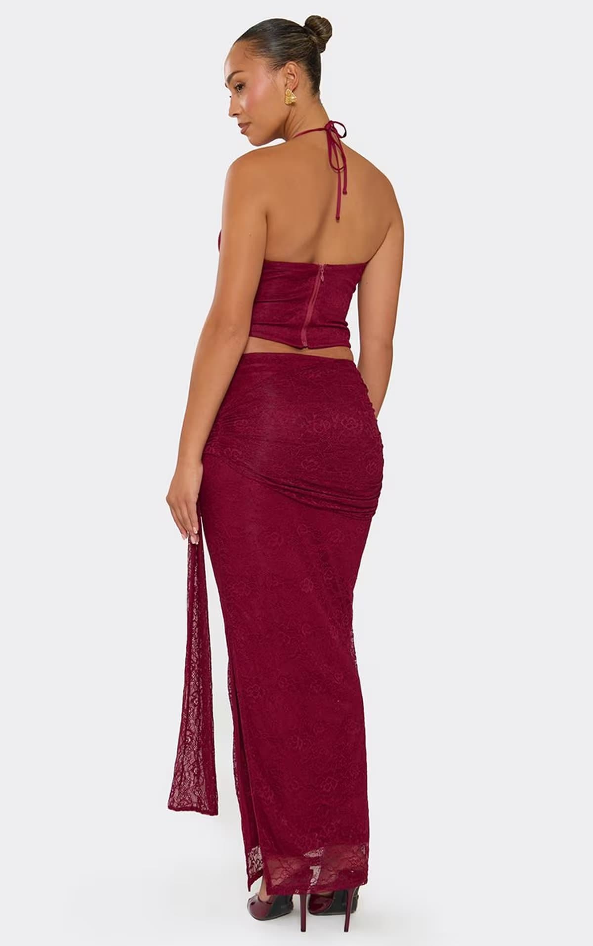 EGO Mid Rise Wrap Drape Front Maxi Skirt In Burgundy Lace, Women's Size UK 6